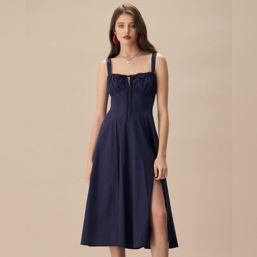 Rihoas Navy Square Neck Ruched Slip Midi Dress 